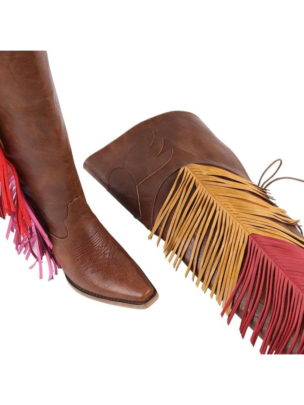 Women's Brown Over The Knee High Heel Boots Faux Fur Pointed Toe Western Boots